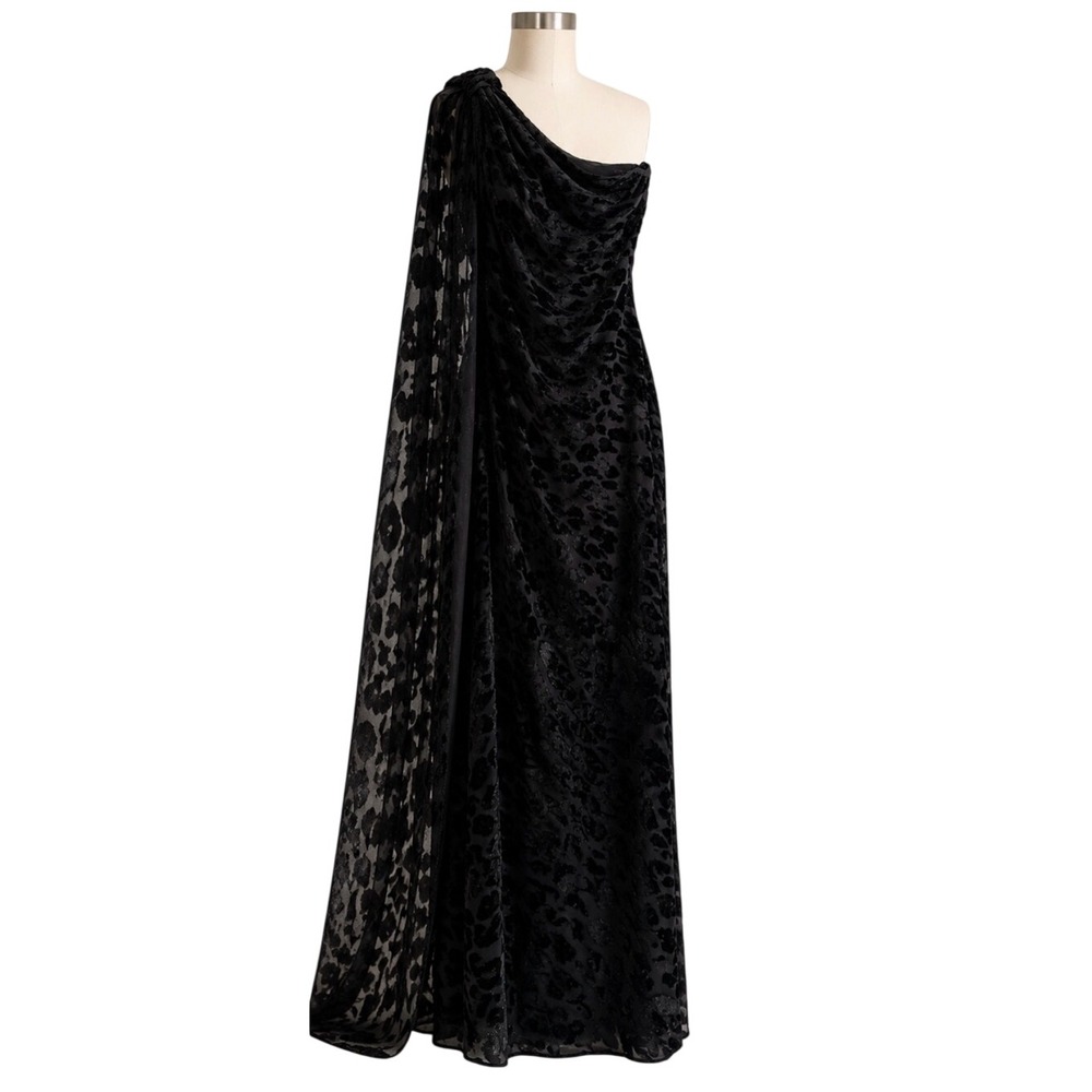 Halston Heritage Black Velvet Burnout One Shoulder Cape Gown Size 4 NWT